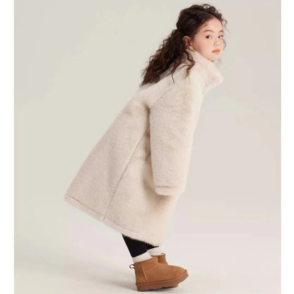 Girls Winter Jacket - Long Solid Color Faux Fur Coat With Zipper Closure - ZOOMNSTORE
