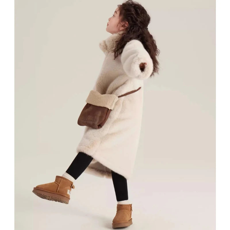 Girls Winter Jacket - Long Solid Color Faux Fur Coat With Zipper Closure - ZOOMNSTORE