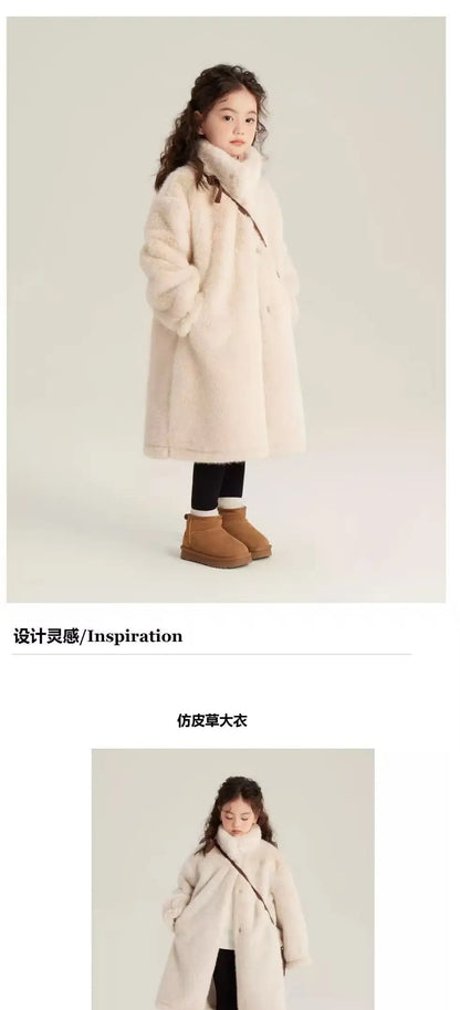 Girls Winter Jacket - Long Solid Color Faux Fur Coat With Zipper Closure - ZOOMNSTORE
