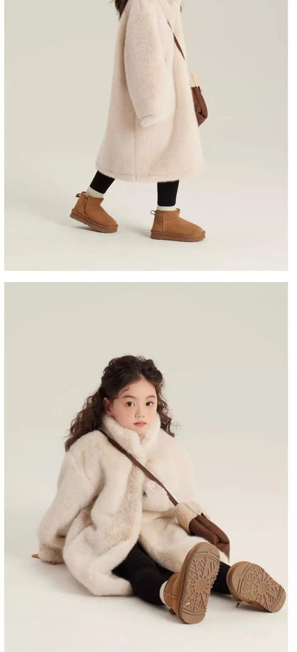 Girls Winter Jacket - Long Solid Color Faux Fur Coat With Zipper Closure - ZOOMNSTORE