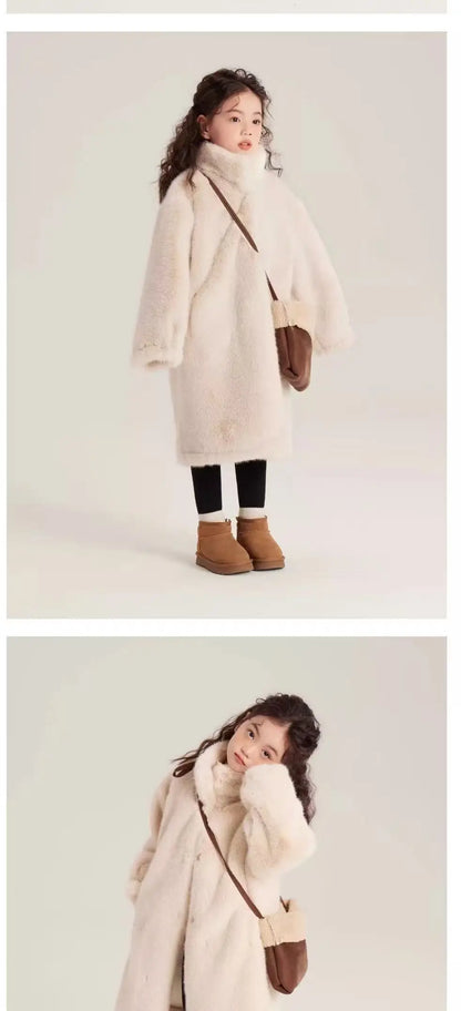 Girls Winter Jacket - Long Solid Color Faux Fur Coat With Zipper Closure - ZOOMNSTORE