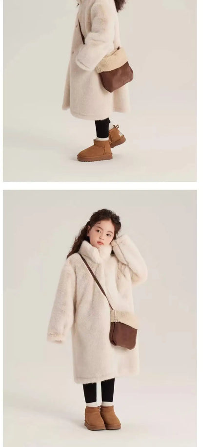 Girls Winter Jacket - Long Solid Color Faux Fur Coat With Zipper Closure - ZOOMNSTORE