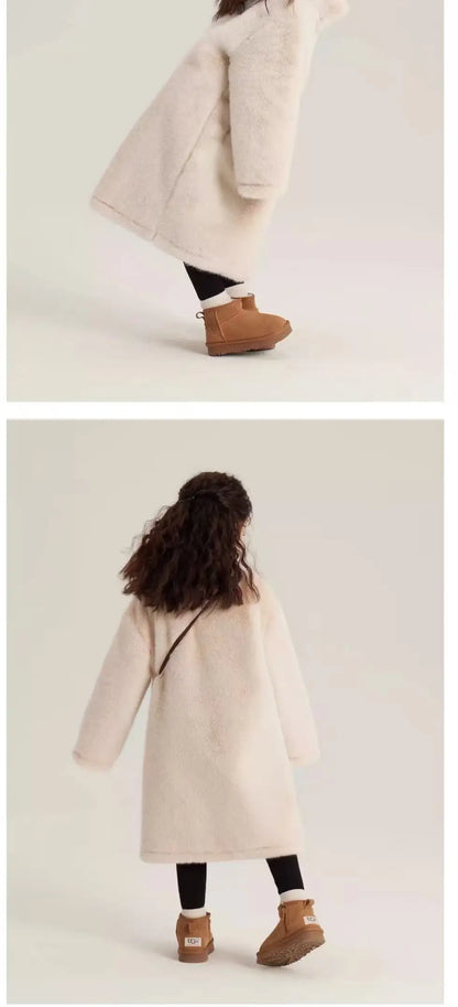 Girls Winter Jacket - Long Solid Color Faux Fur Coat With Zipper Closure - ZOOMNSTORE