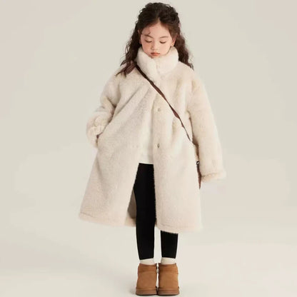 Girls Winter Jacket - Long Solid Color Faux Fur Coat With Zipper Closure - ZOOMNSTORE