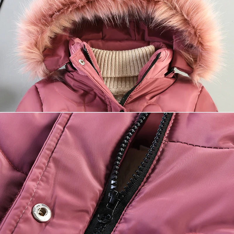 Girls Winter Jacket - Warm Hooded Cotton Polyester Coat | Windproof Kids Outerwear - ZOOMNSTORE