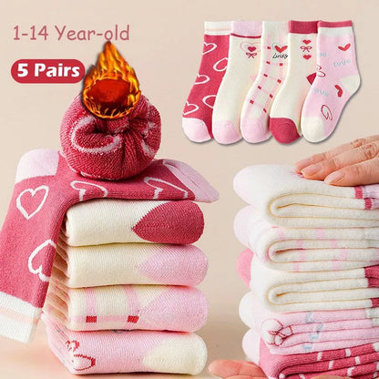 Girls Winter Socks 5 Pairs Baby Cute Color Princess Pink Thick Cotton Socks Children Warm Winter Socks - ZOOMNSTORE