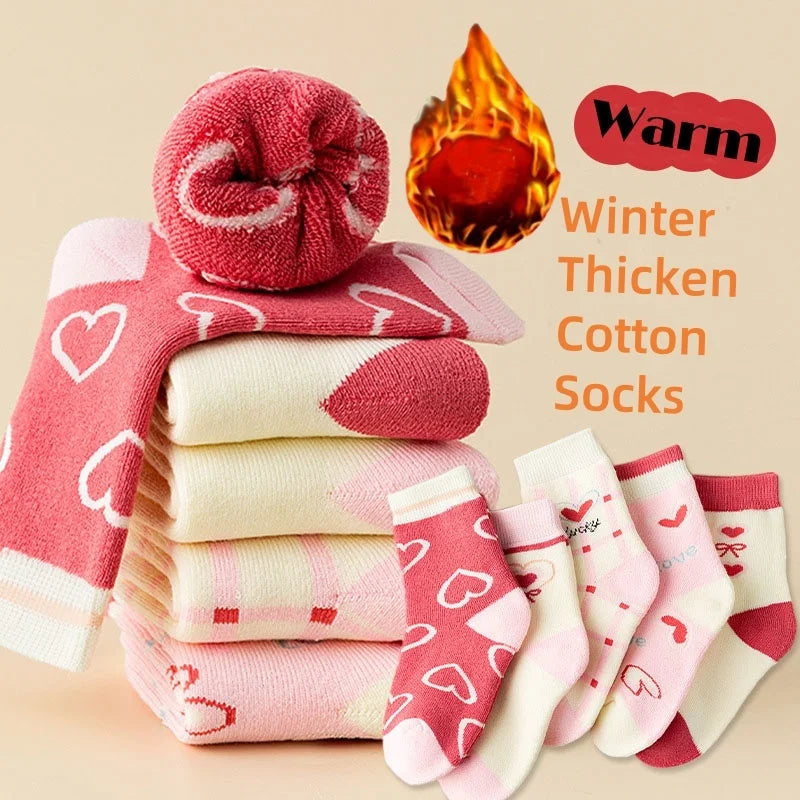 Girls Winter Socks 5 Pairs Baby Cute Color Princess Pink Thick Cotton Socks Children Warm Winter Socks - ZOOMNSTORE