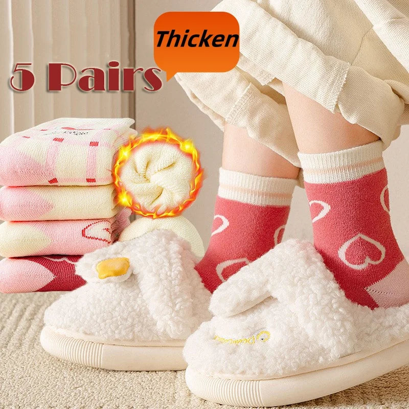 Girls Winter Socks 5 Pairs Baby Cute Color Princess Pink Thick Cotton Socks Children Warm Winter Socks - ZOOMNSTORE