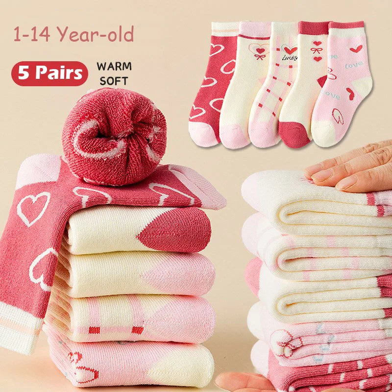 Girls Winter Socks 5 Pairs Baby Cute Color Princess Pink Thick Cotton Socks Children Warm Winter Socks - ZOOMNSTORE