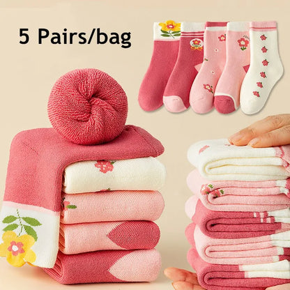 Girls Winter Socks 5 Pairs Baby Cute Color Princess Pink Thick Cotton Socks Children Warm Winter Socks - ZOOMNSTORE