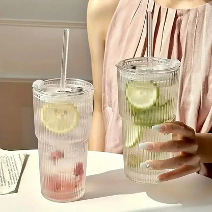 Glass Cup With Lid - 600ml Transparent Striped Glass Tumbler With Straw - ZOOMNSTORE