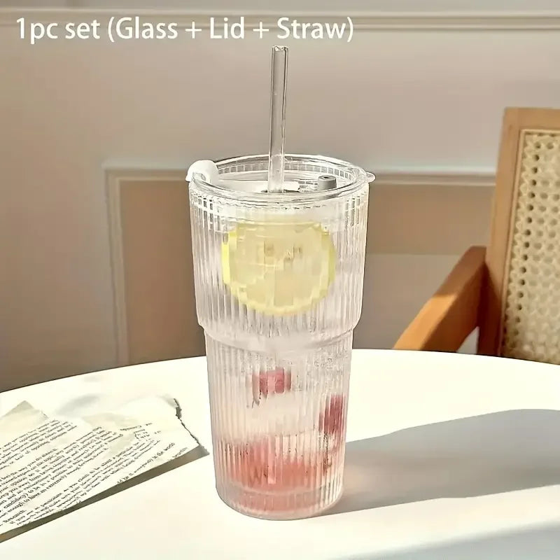 Glass Cup With Lid - 600ml Transparent Striped Glass Tumbler With Straw - ZOOMNSTORE