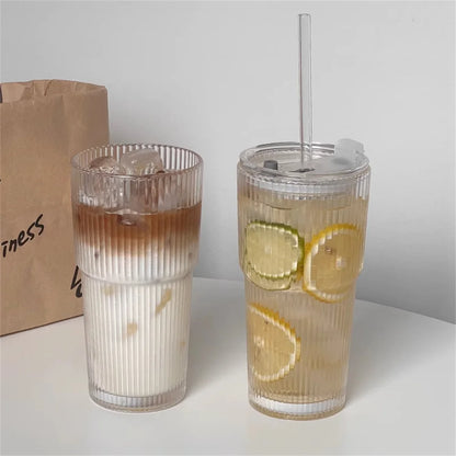 Glass Cup With Lid - 600ml Transparent Striped Glass Tumbler With Straw - ZOOMNSTORE
