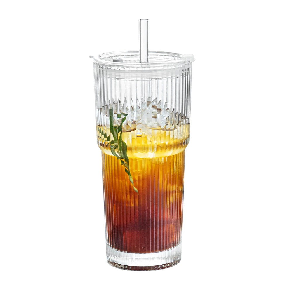 Glass Cup With Lid - 600ml Transparent Striped Glass Tumbler With Straw - ZOOMNSTORE