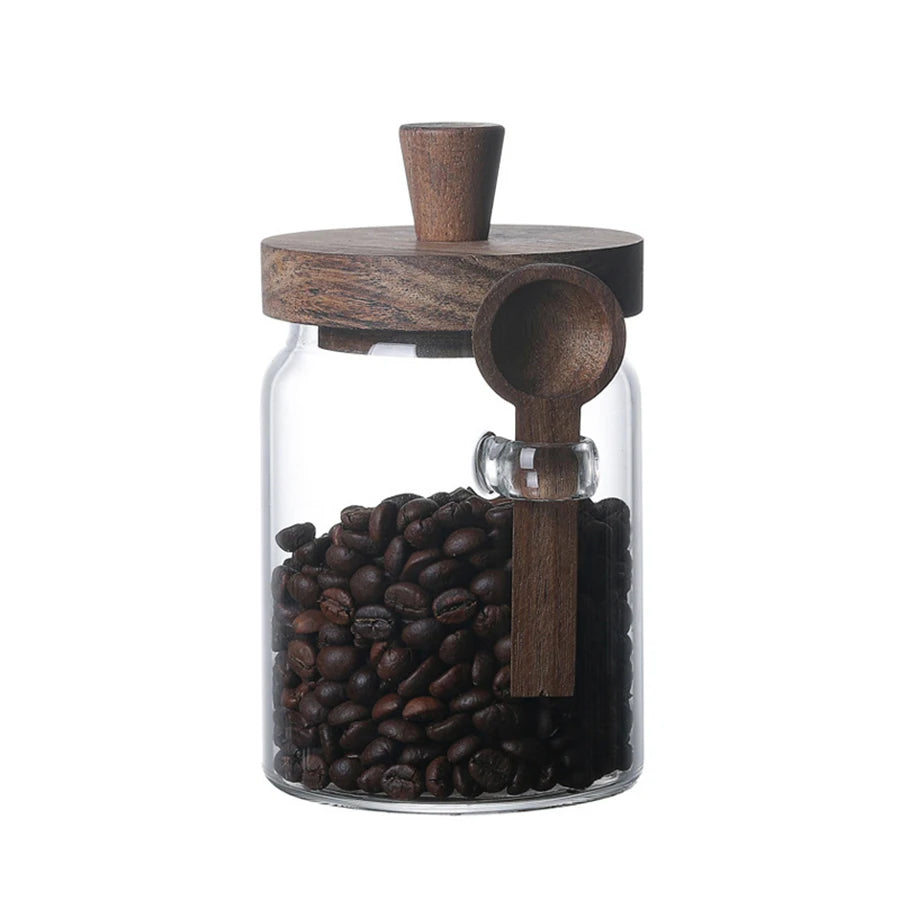 Glass Food Storage Containers with Wooden Lids and Scoop Glass Sealed Jar Airtight Food Storage Jar for Sugar Coffee Bean Candy - ZOOMNSTORE