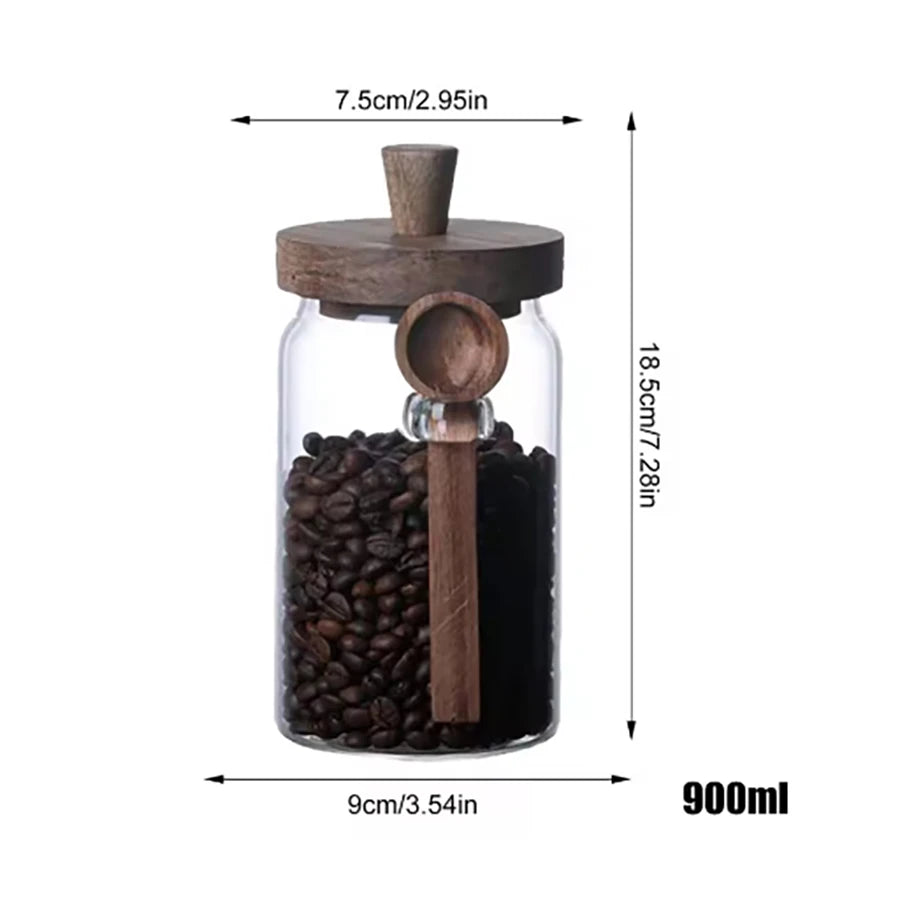 Glass Food Storage Containers with Wooden Lids and Scoop Glass Sealed Jar Airtight Food Storage Jar for Sugar Coffee Bean Candy - ZOOMNSTORE