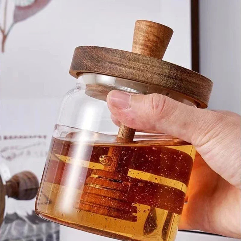 Glass Honey Jar – 350ml Borosilicate Sealed Storage Container with Wooden Lid & Mixing Rod - ZOOMNSTORE