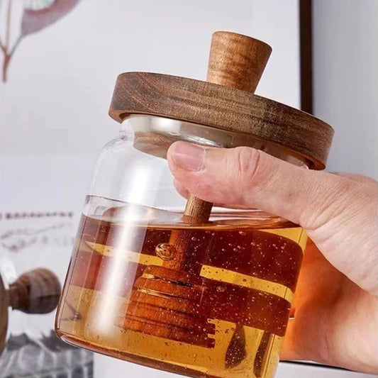 Glass Honey Jar – 350ml Borosilicate Sealed Storage Container with Wooden Lid & Mixing Rod - ZOOMNSTORE