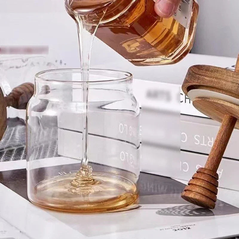 Glass Honey Jar – 350ml Borosilicate Sealed Storage Container with Wooden Lid & Mixing Rod - ZOOMNSTORE