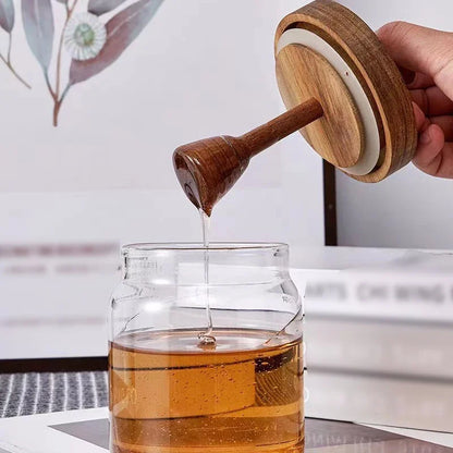 Glass Honey Jar – 350ml Borosilicate Sealed Storage Container with Wooden Lid & Mixing Rod - ZOOMNSTORE