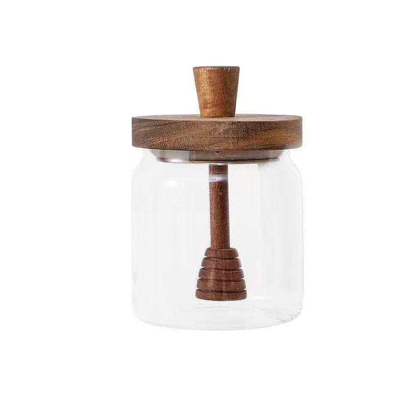 Glass Honey Jar – 350ml Borosilicate Sealed Storage Container with Wooden Lid & Mixing Rod - ZOOMNSTORE