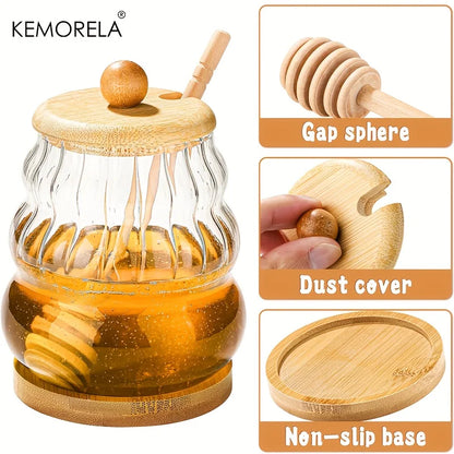 KEMORELA Honey Jar with Spoon and Sealing Lid 330/450ML Glass Honey Jar with Wooden Honey Spoon Tray Sealed Syrup Dispenser - ZOOMNSTORE