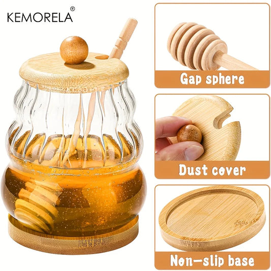 KEMORELA Honey Jar with Spoon and Sealing Lid 330/450ML Glass Honey Jar with Wooden Honey Spoon Tray Sealed Syrup Dispenser - ZOOMNSTORE