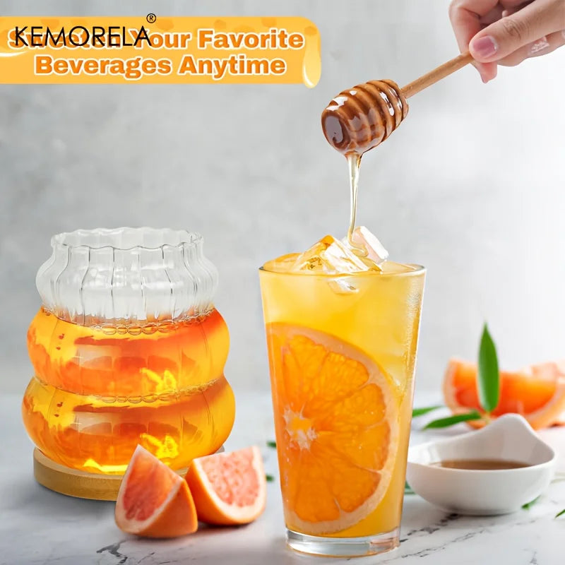 KEMORELA Honey Jar with Spoon and Sealing Lid 330/450ML Glass Honey Jar with Wooden Honey Spoon Tray Sealed Syrup Dispenser - ZOOMNSTORE