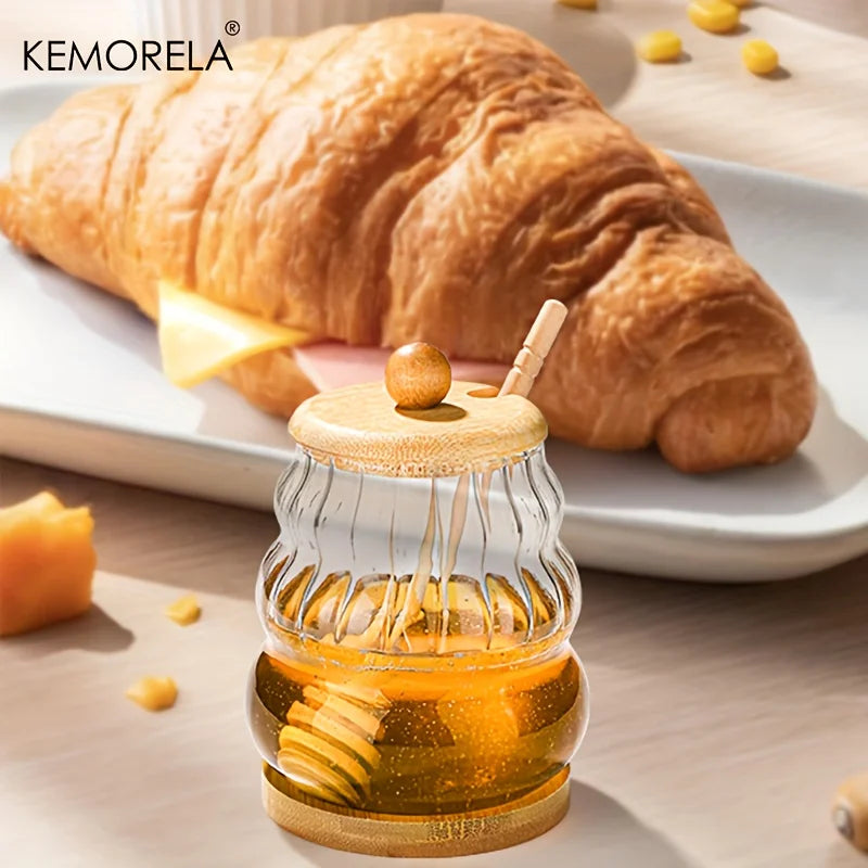 KEMORELA Honey Jar with Spoon and Sealing Lid 330/450ML Glass Honey Jar with Wooden Honey Spoon Tray Sealed Syrup Dispenser - ZOOMNSTORE