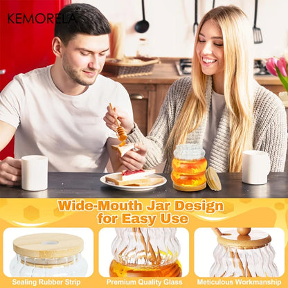 KEMORELA Honey Jar with Spoon and Sealing Lid 330/450ML Glass Honey Jar with Wooden Honey Spoon Tray Sealed Syrup Dispenser - ZOOMNSTORE