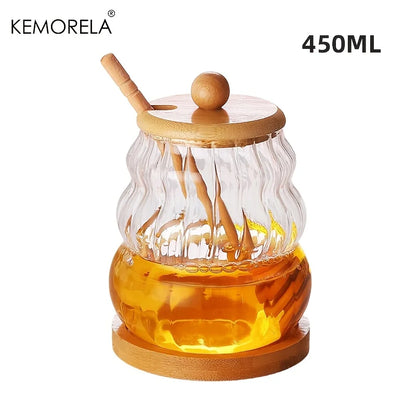 KEMORELA Honey Jar with Spoon and Sealing Lid 330/450ML Glass Honey Jar with Wooden Honey Spoon Tray Sealed Syrup Dispenser - ZOOMNSTORE