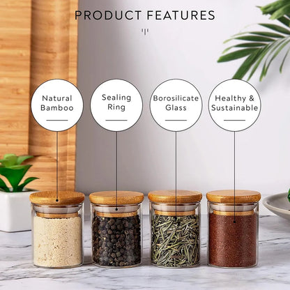 Glass Spice Jars - Borosilicate Cylinder Containers with Bamboo Lids | Kitchen Storage - ZOOMNSTORE
