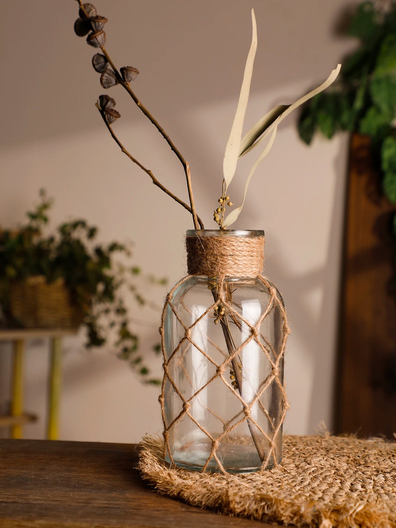Hand Woven Hemp Rope Glass Vase - Boho Nordic Dry Flower Decor - ZOOMNSTORE