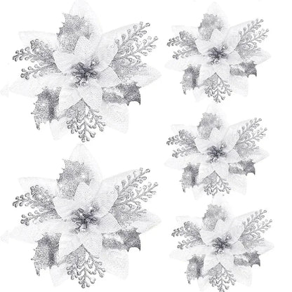Glitter Christmas Flowers - 5pcs Artificial Tree Ornaments - ZOOMNSTORE