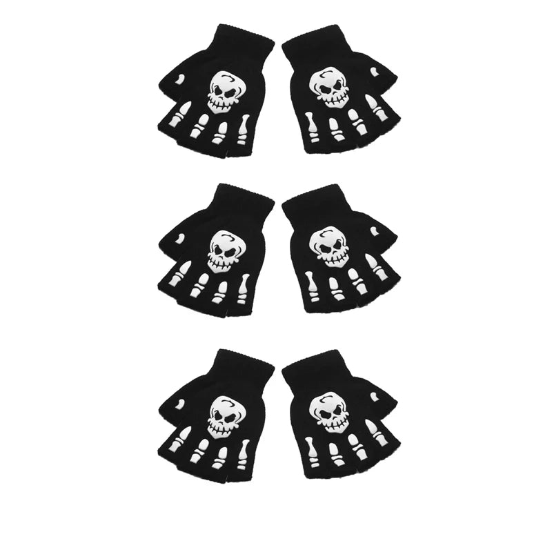 New Punk Gloves Unisex Halloween Skeleton Skull Half Finger Gloves Glow In The Dark Fingerless Stretch Knitted Winter Mittens - ZOOMNSTORE
