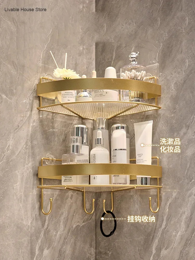 Gold Wall-Mounted Bathroom Storage Rack - Non-Punching Tripod Shampoo Holder - ZOOMNSTORE