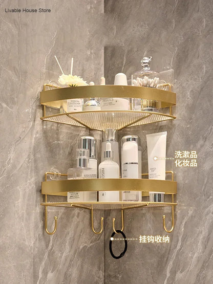 Gold Wall-Mounted Bathroom Storage Rack - Non-Punching Tripod Shampoo Holder - ZOOMNSTORE