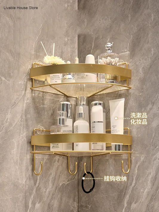 Gold Wall-Mounted Bathroom Storage Rack - Non-Punching Tripod Shampoo Holder - ZOOMNSTORE