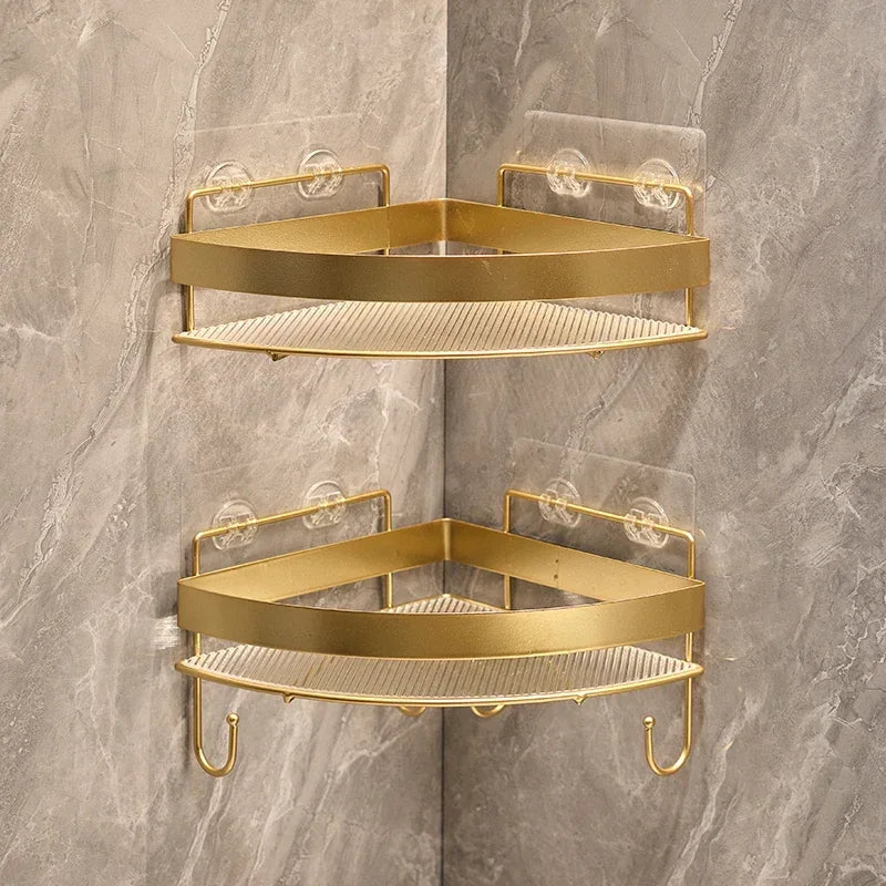 Gold Wall-Mounted Bathroom Storage Rack - Non-Punching Tripod Shampoo Holder - ZOOMNSTORE