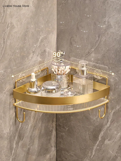 Gold Wall-Mounted Bathroom Storage Rack - Non-Punching Tripod Shampoo Holder - ZOOMNSTORE