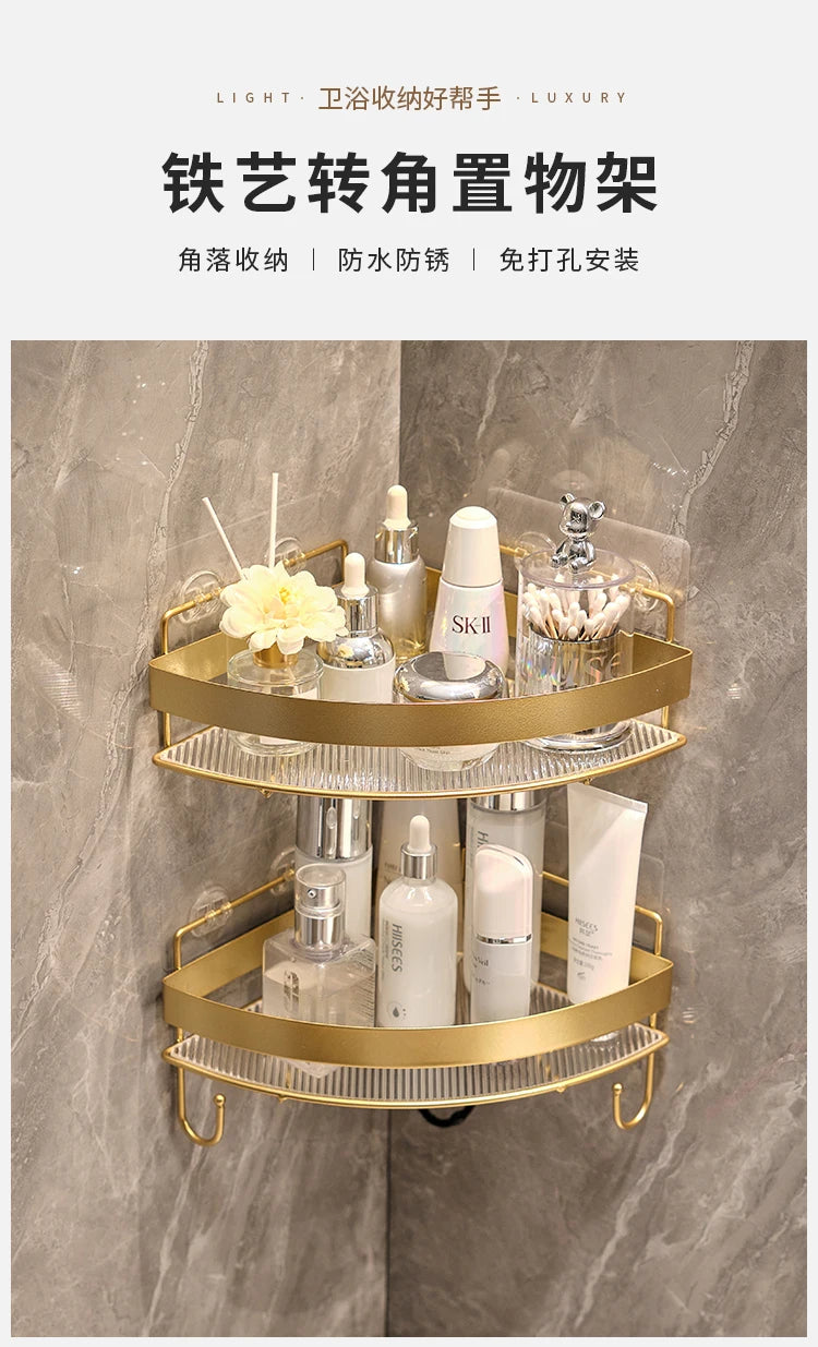 Gold Wall-Mounted Bathroom Storage Rack - Non-Punching Tripod Shampoo Holder - ZOOMNSTORE