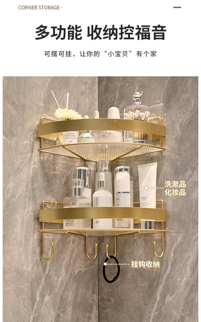 Gold Wall-Mounted Bathroom Storage Rack - Non-Punching Tripod Shampoo Holder - ZOOMNSTORE