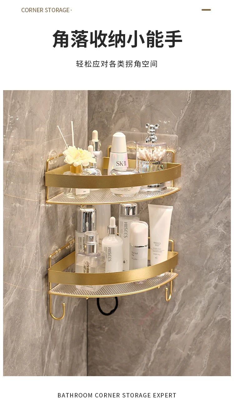 Gold Wall-Mounted Bathroom Storage Rack - Non-Punching Tripod Shampoo Holder - ZOOMNSTORE