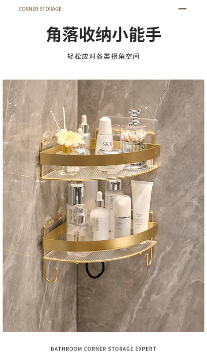 Gold Wall-Mounted Bathroom Storage Rack - Non-Punching Tripod Shampoo Holder - ZOOMNSTORE