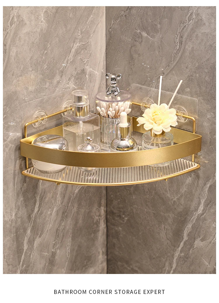 Gold Wall-Mounted Bathroom Storage Rack - Non-Punching Tripod Shampoo Holder - ZOOMNSTORE