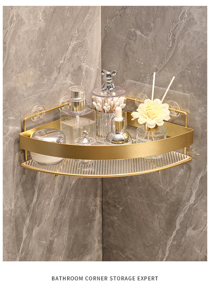 Gold Wall-Mounted Bathroom Storage Rack - Non-Punching Tripod Shampoo Holder - ZOOMNSTORE