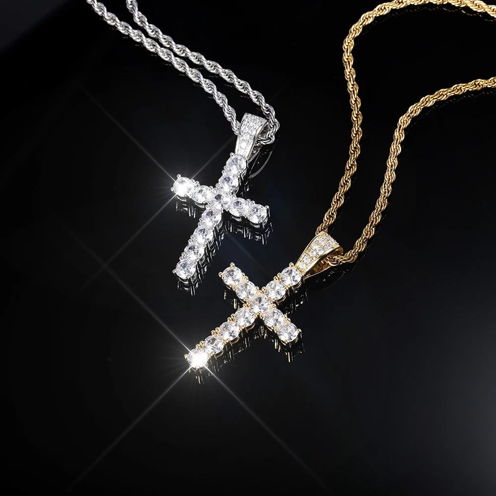 Gold Cross Necklace - 14K Gold Plated Iced Out Pendant With Twisted Chain For Men & Women - ZOOMNSTORE