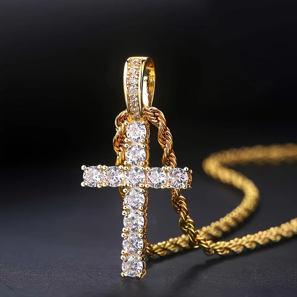 Gold Cross Necklace - 14K Gold Plated Iced Out Pendant With Twisted Chain For Men & Women - ZOOMNSTORE