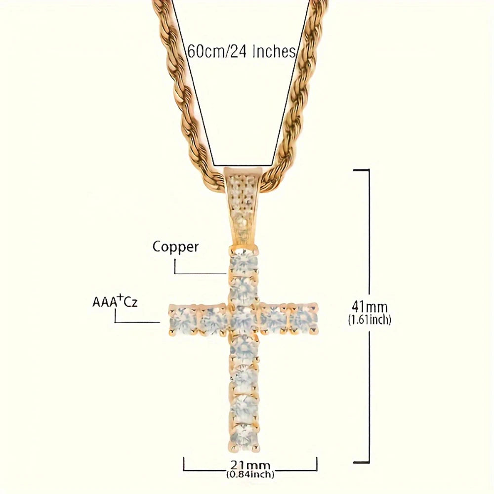 Gold Cross Necklace - 14K Gold Plated Iced Out Pendant With Twisted Chain For Men & Women - ZOOMNSTORE