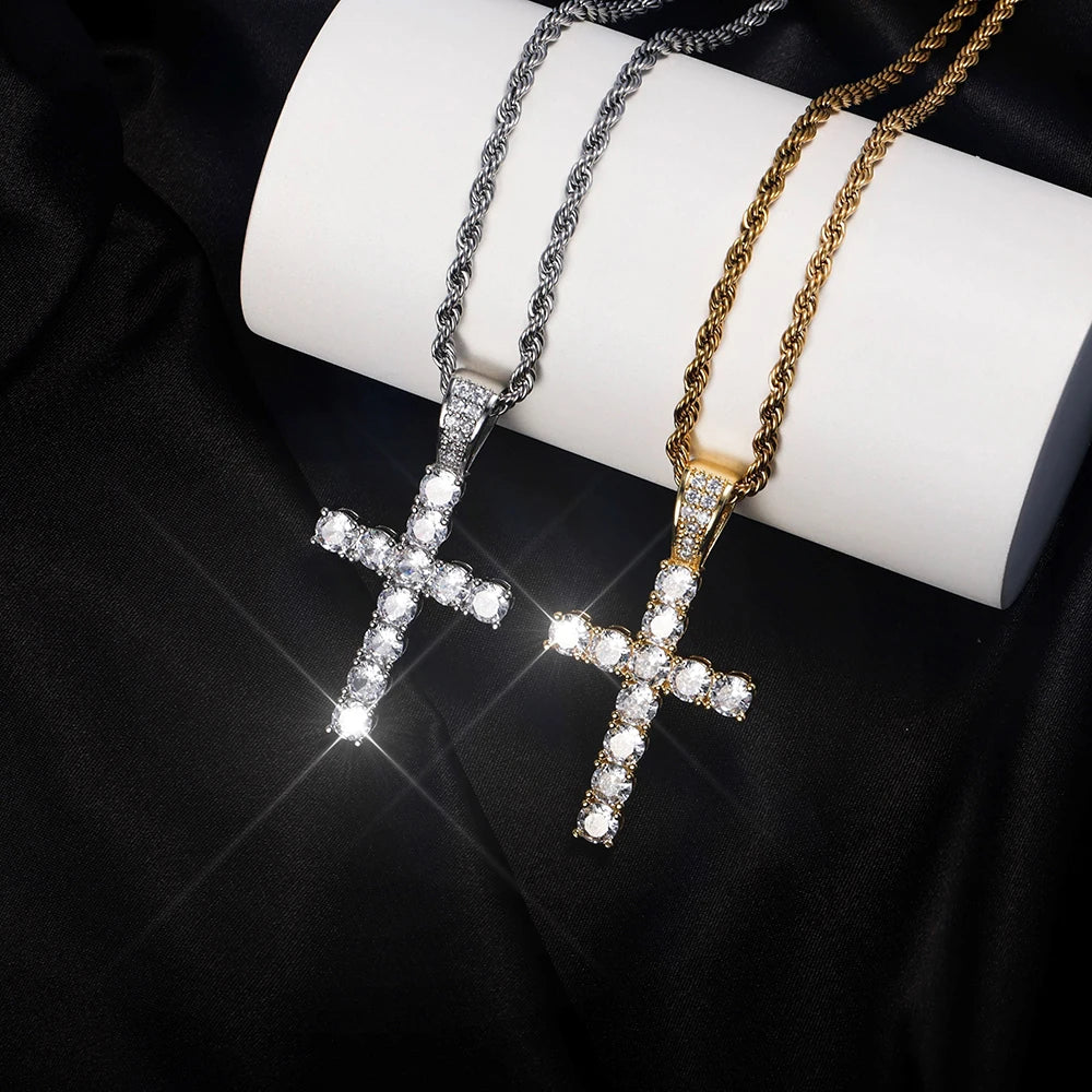 Gold Cross Necklace - 14K Gold Plated Iced Out Pendant With Twisted Chain For Men & Women - ZOOMNSTORE